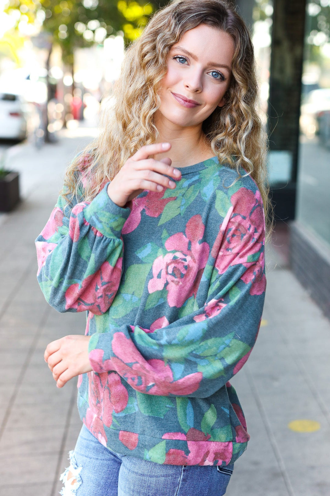 Everyday Hunter Green Floral Brushed Hacci Sweater Top | Nikki &amp; Co. Boutique