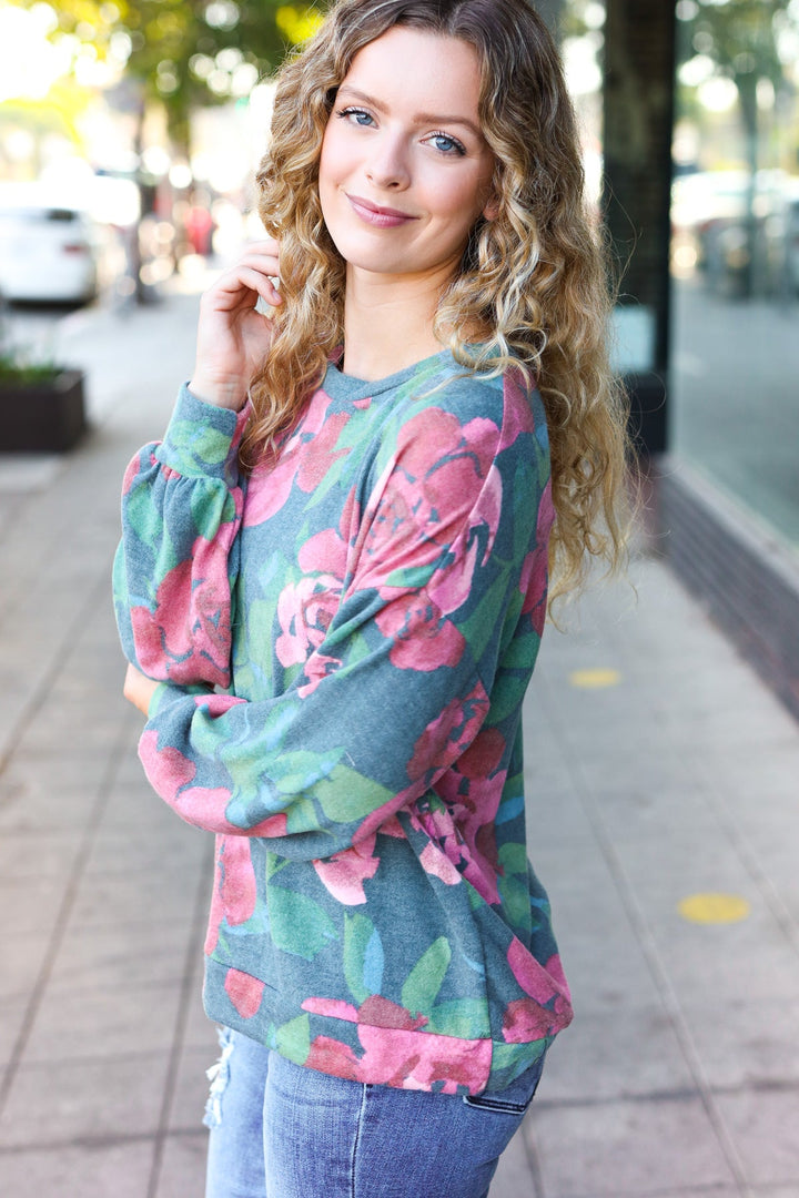 Everyday Hunter Green Floral Brushed Hacci Sweater Top | Nikki &amp; Co. Boutique