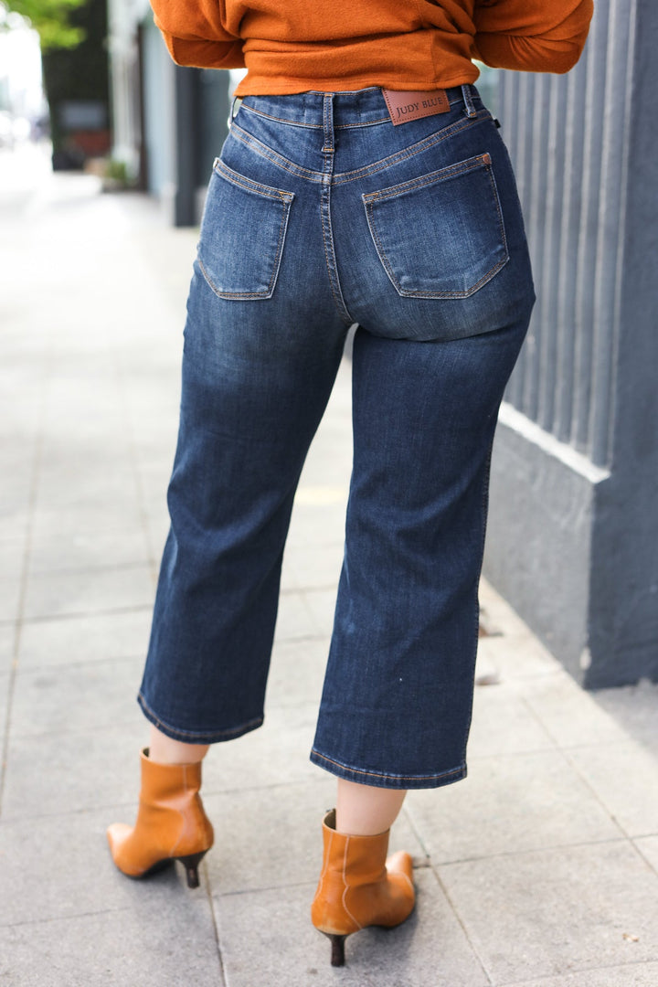 Judy Blue Dark Wash Mid Rise Cropped Wide Leg Jeans | Nikki &amp; Co. Boutique