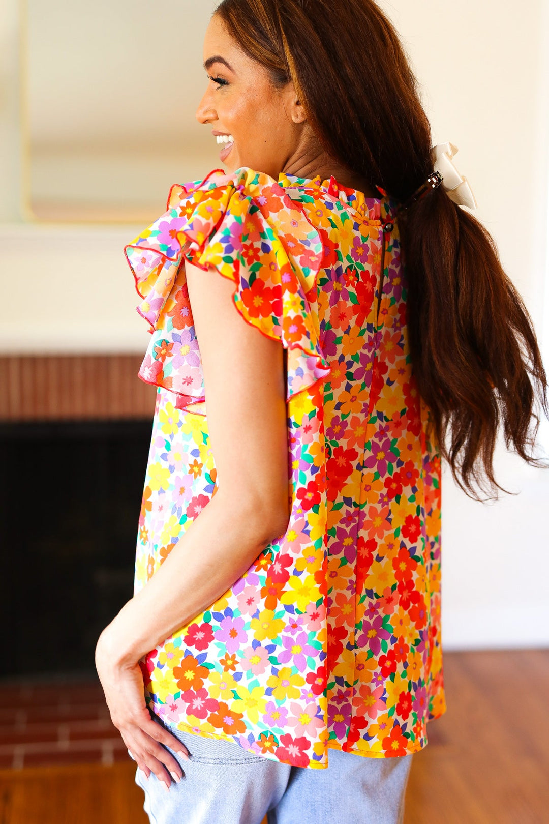 Flower Power Ivory &amp; Red Floral Mock Neck Flutter Sleeve Tops | Nikki &amp; Co. Boutique