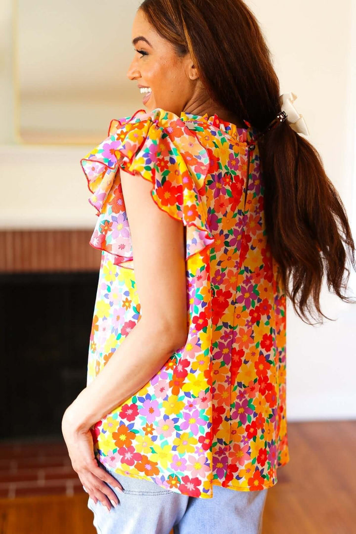 Flower Power Ivory &amp; Red Floral Mock Neck Flutter Sleeve Top - Nikki &amp; Co. Boutique