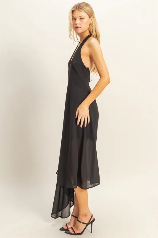 HYFVE Chiffon Halter Asymmetrical Hem Dress in Black - Nikki &amp; Co. Boutique