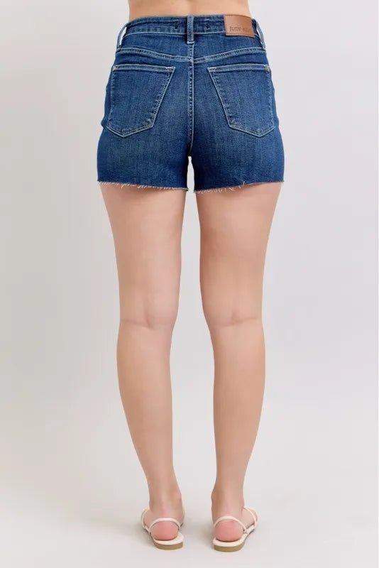 Judy Blue Full Size High Waist Criss - Cross Waistband Denim Shorts in Dark Wash - Nikki &amp; Co. Boutique