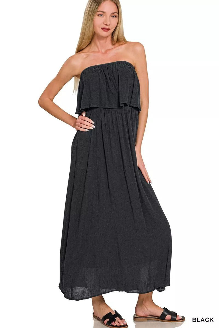 Zenana Woven Crinkle Strapless Maxi Dress in Black - Nikki &amp; Co. Boutique