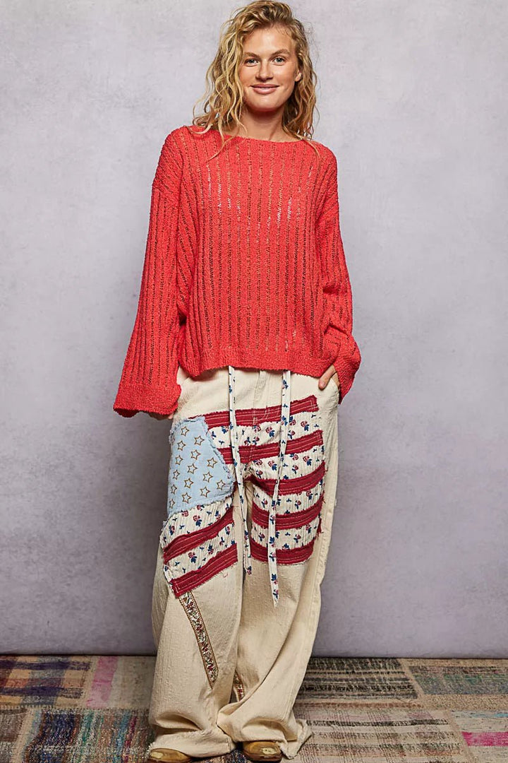 POL Round Neck Long Sleeve Open Weave Sweater - Nikki &amp; Co. Boutique