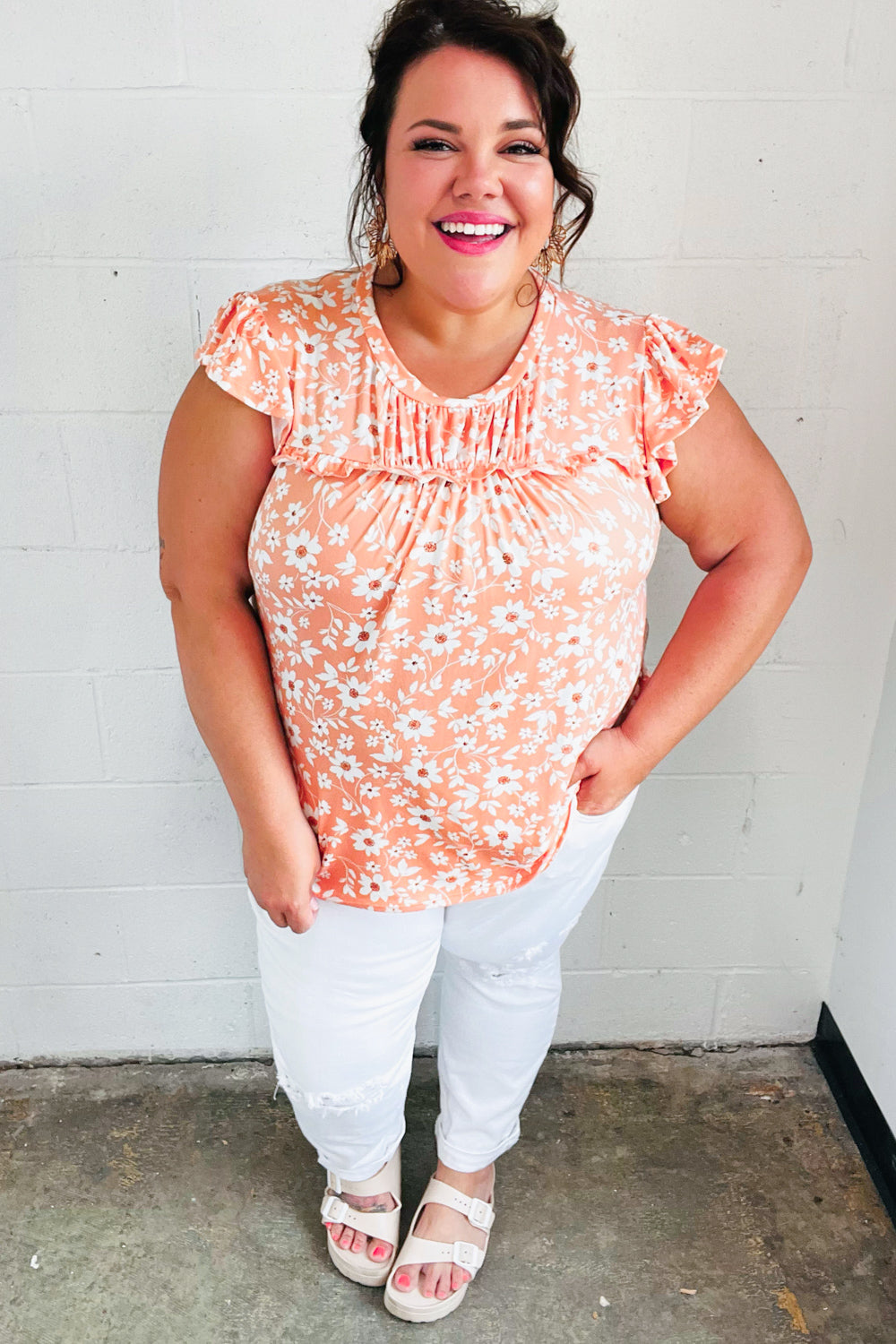 Peach Floral Print Frilled Shorts Sleeve Yoke Tops | Nikki &amp; Co. Boutique