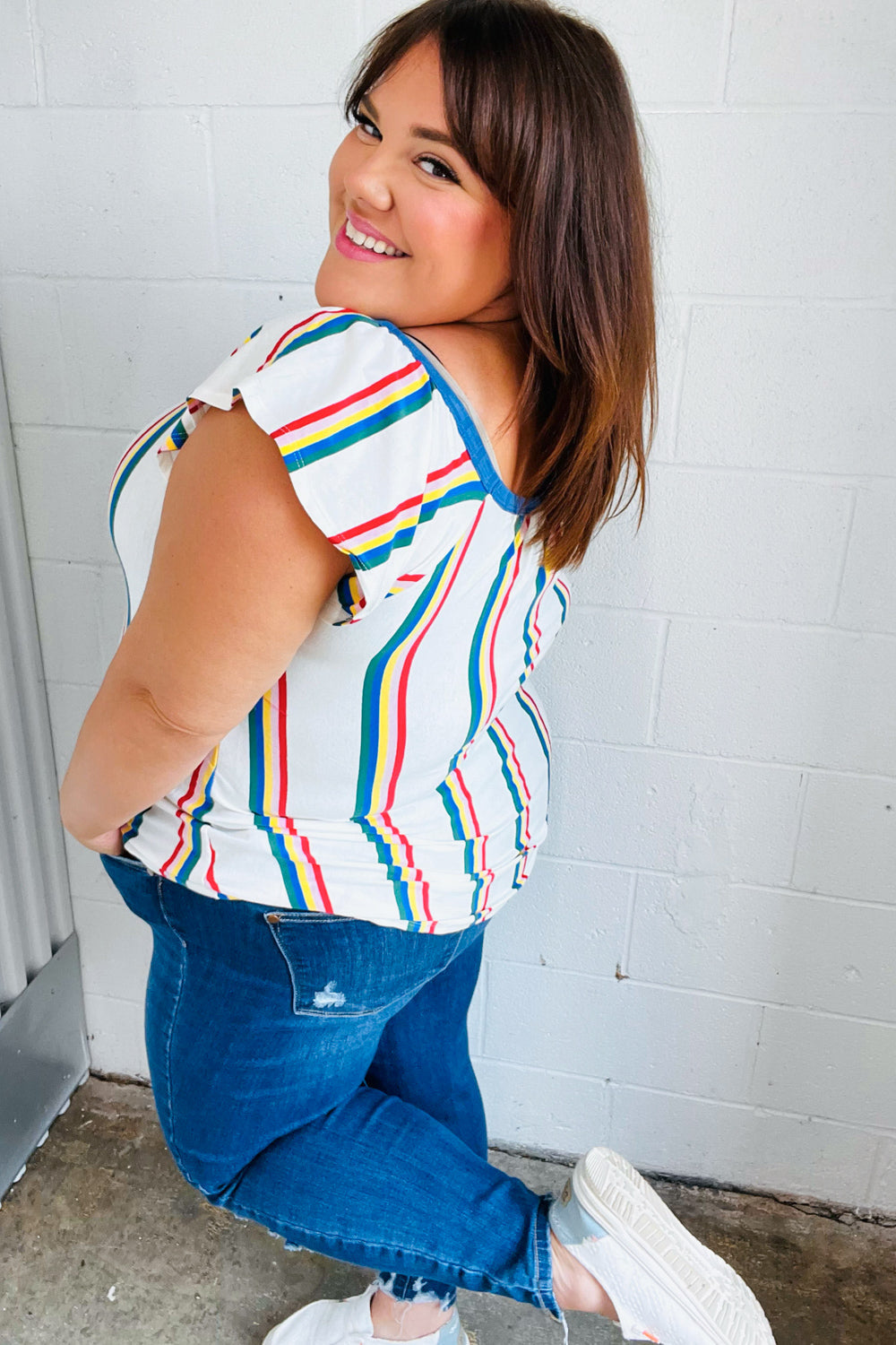 Multicolor Striped Raglan Flutter Sleeve Tops | Nikki &amp; Co. Boutique