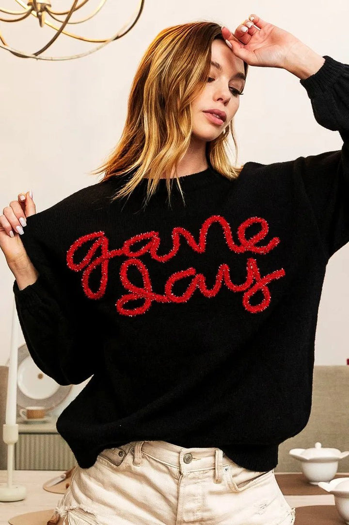 BiBi Game Day Metallic Letter Sweater | Black &amp; Red - Nikki &amp; Co. Boutique