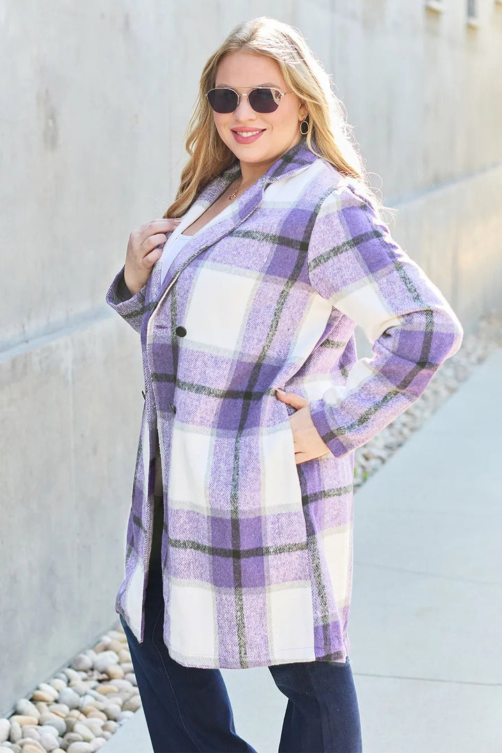 Double Take Full Size Plaid Button Up Lapel Collar Coat - Nikki &amp; Co. Boutique