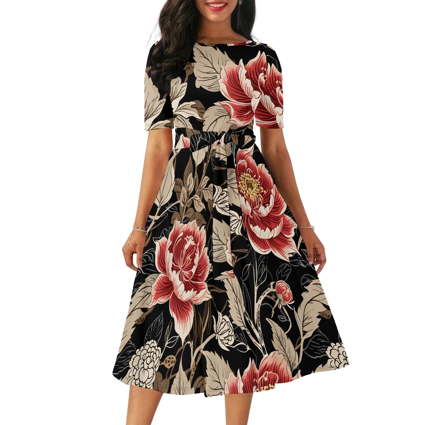 Women's Boatneck Vintage Cocktail Party Dress with Puff Sleeves