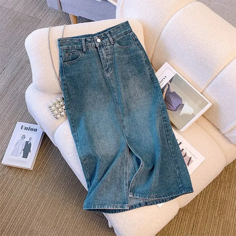 Wrap Women's Denim Skirt Blue Tight Female Jeans Skirts with Slit Luxury Elegant Stylish Premium Summer Modest Vintage Chic