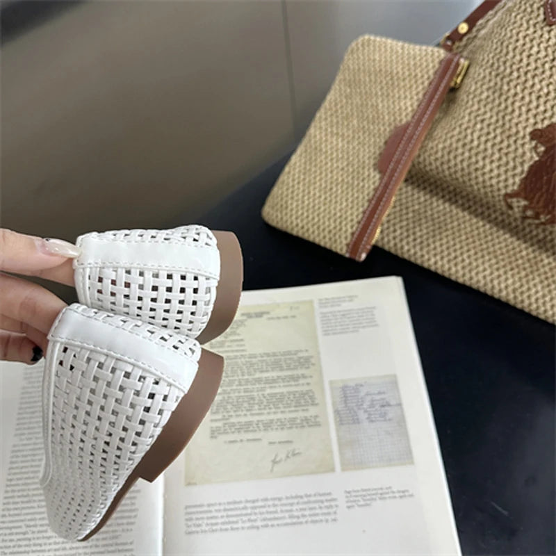 White Flats Ladies Low Heels Pumps Summer Office Shoes Blue Porosity Mary Jane Flat Shoes Comfort Ballet Plus Size 42 43