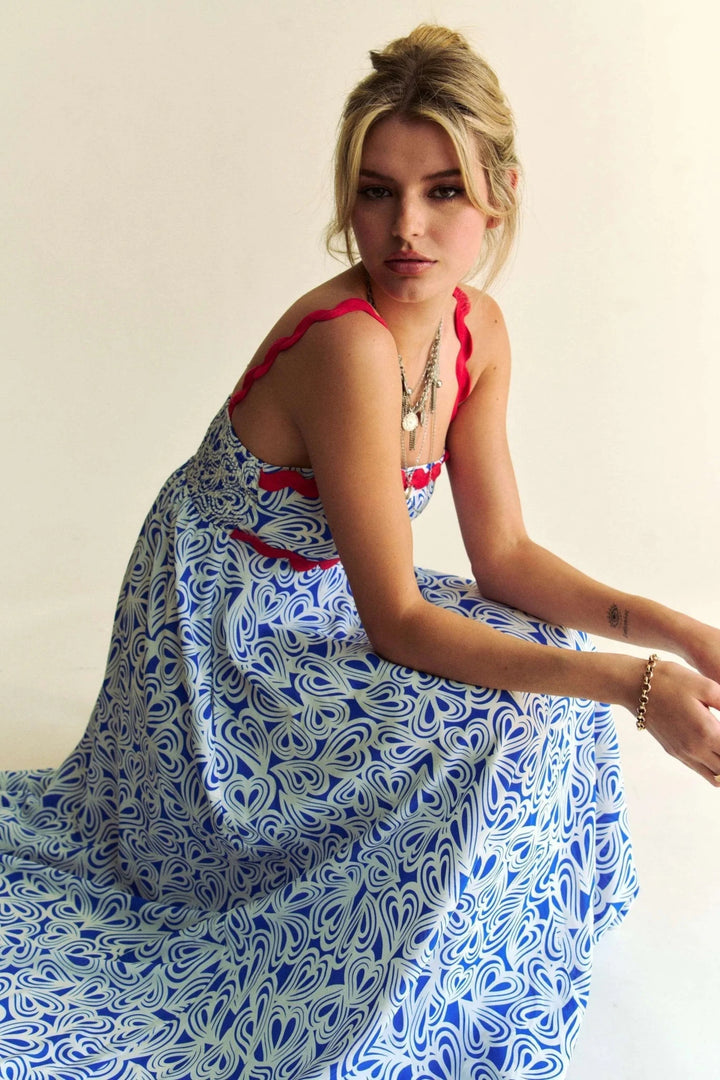 Davi &amp; Dani Contrast Velvet Tape Smocked Bodice Midi Dress in Cobalt Blue - Nikki &amp; Co. Boutique
