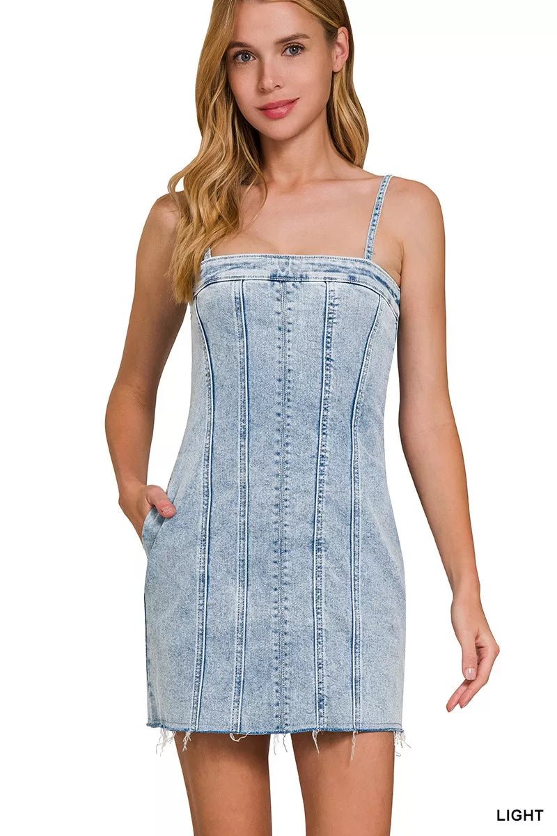 Zenana Spaghetti Strap Exposed Seam Light-Wash Dress | Nikki &amp; Co. Boutique