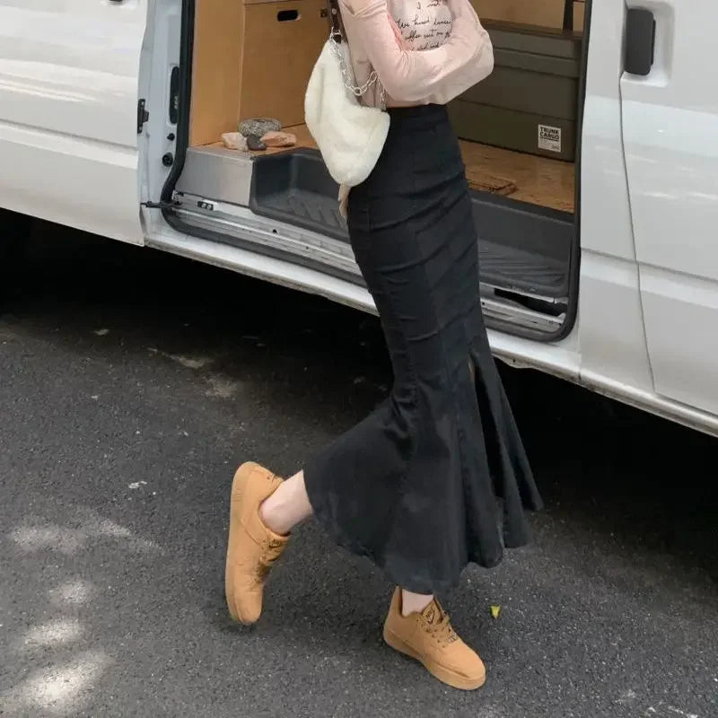 High Waist Jeans Skirts for Women Modest Vintage Harajuku Streetwear Premium Korean Fashion Cheap With Slit Woman Denim Skirt