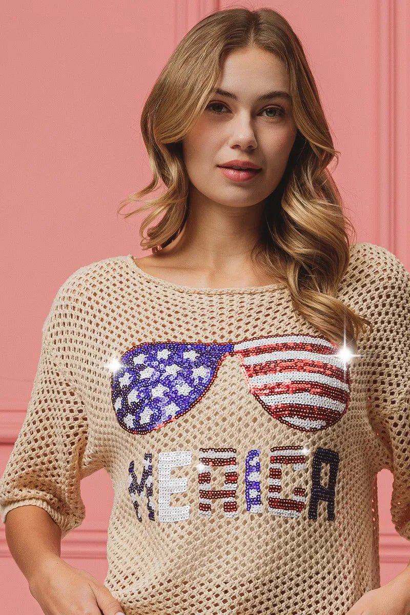 BiBi Sequin American Flag Sunglasses Knit Cover Up | Nikki &amp; Co. Boutique