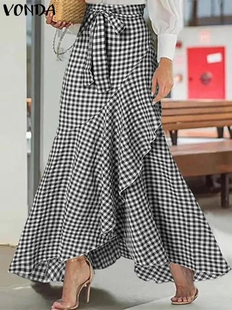 Plus Size 5XL VONDA Women Skirts Casual Waistband Split Asymmetric Skirts Elegant Plaid Overskirts Ruffled Office Bottom