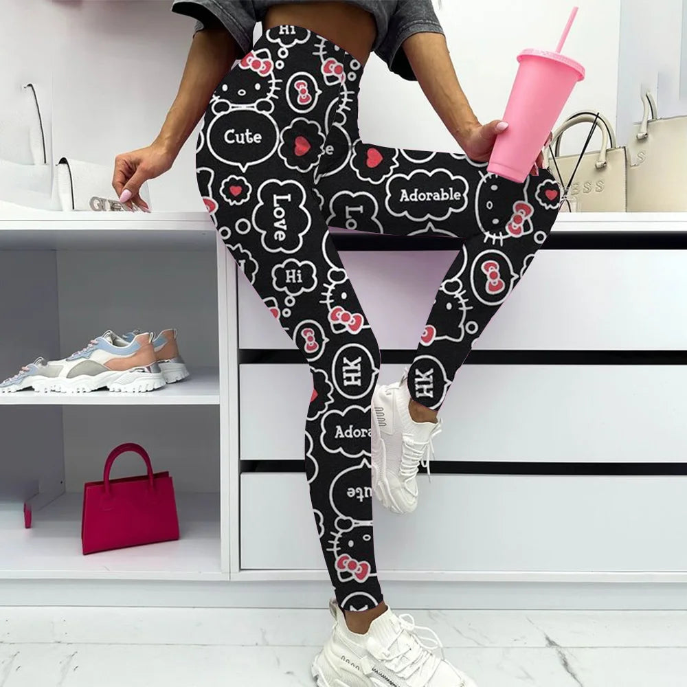 Hello Kitty print Yoga Pants Gym Leggings Women Girl Fitness Soft Tights High Waist Elastic Breathable No T Line Sports Pants