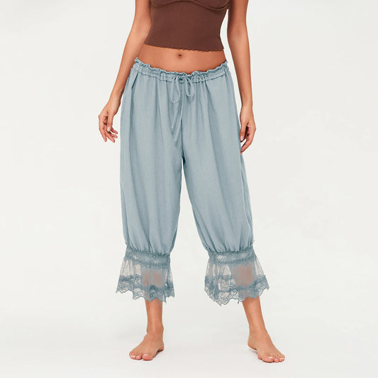 Womens Y2K Vintage Drawstring Cropped Pants Loose Fit Mid Rise Patchwork Lace Casual Lantern Bubble Pants Trousers Streetwear