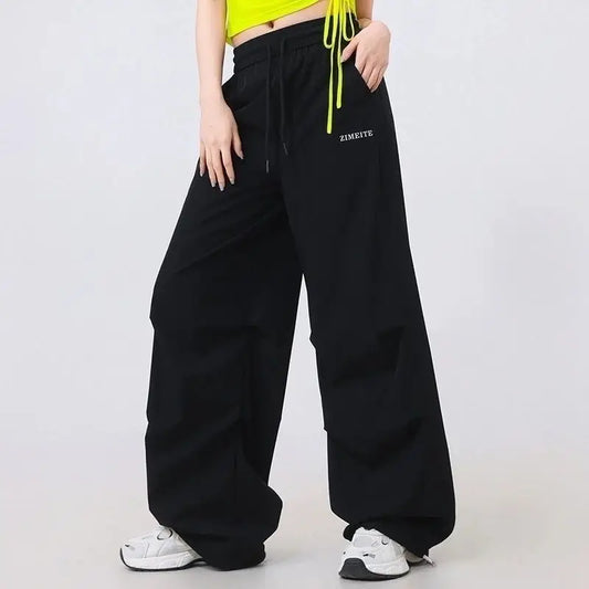 Fashion Printed Letter Spliced Pockets Casual Pants Female Clothing Spring Summer New Loose Elastic High Waist Cargo Pants