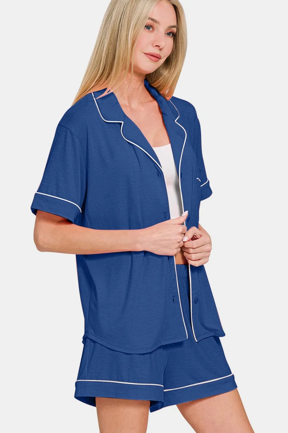 Zenana Button Down Short Sleeve Top and Shorts Lounge Set - Nikki &amp; Co. Boutique