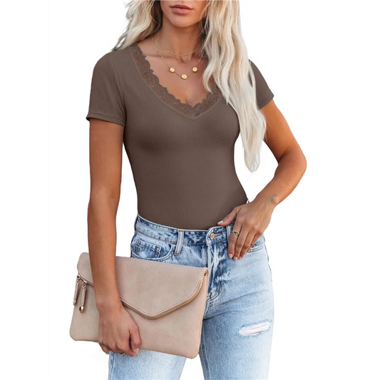 ASDS-Women Short Sleeve Lace V Neck Shirts Ribbed Knit Fitted Business Dressy Casual Summer Blouses T-Shirt