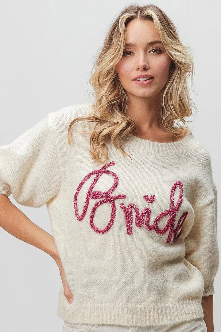 BiBi Metallic Letter Shorts Puff Sleeve Hairy Sweater | Nikki &amp; Co. Boutique
