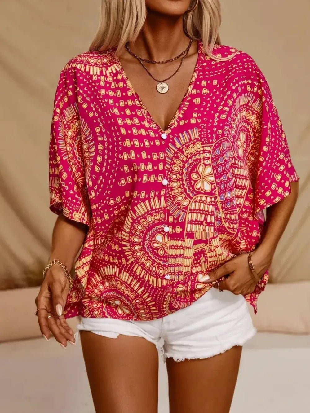 Printed V - Neck Half Sleeve Tops - Nikki &amp; Co. Boutique