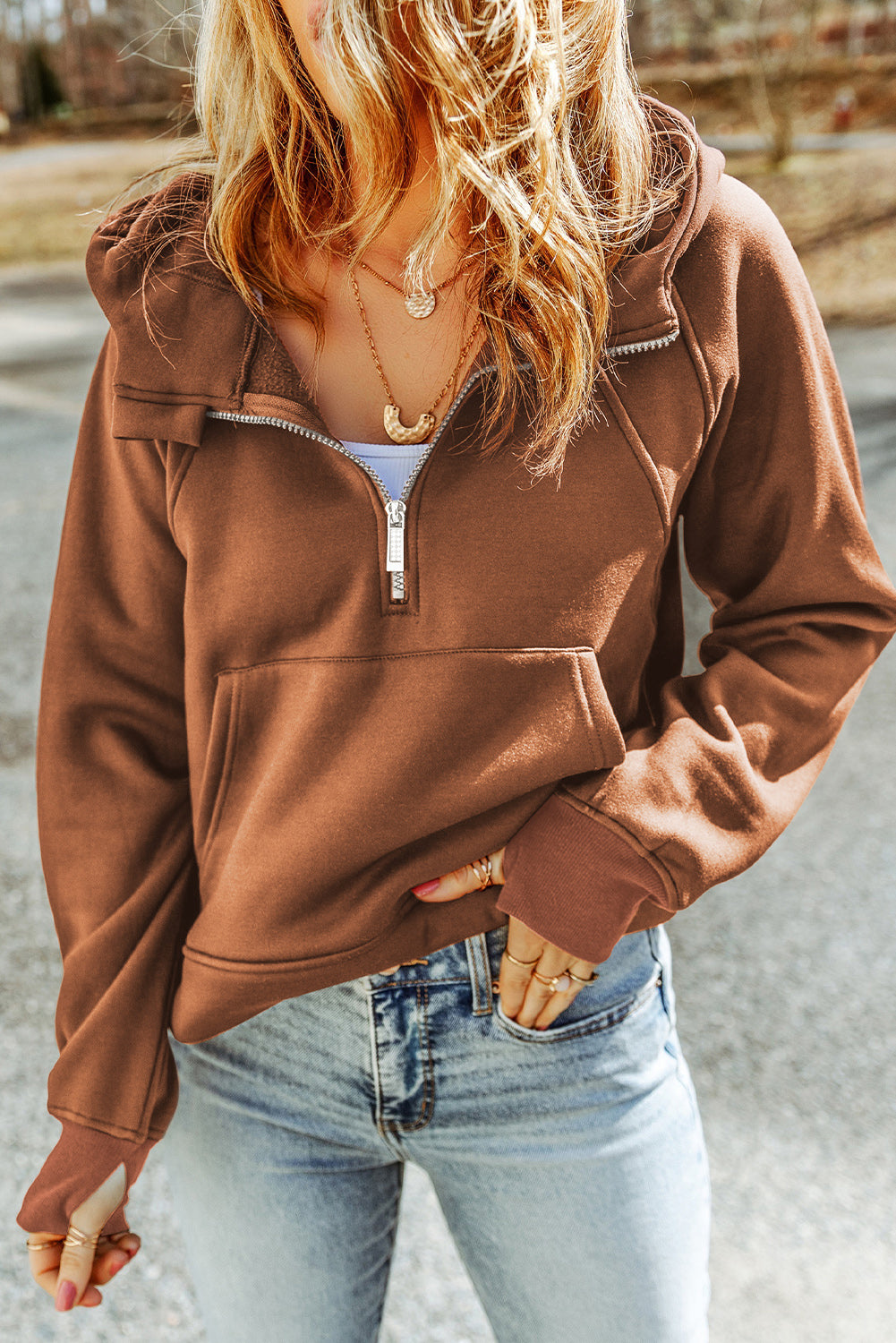 Half-Zip Thumbhole Sleeve Hoodie | Nikki &amp; Co. Boutique