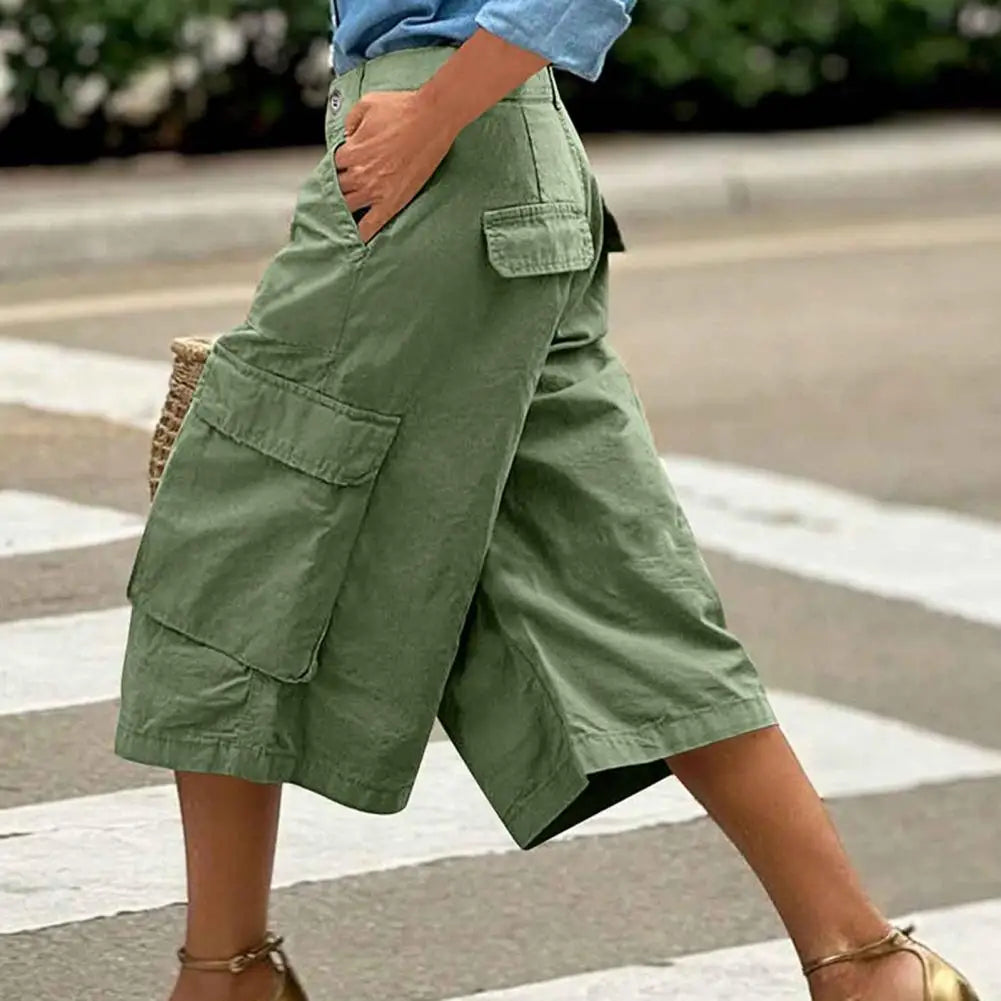Women Cropped Pants Mid-Waist Design Straight Wide Leg Casual Trousers With Pockets Casual Loose Fit Summer Breathable Pants