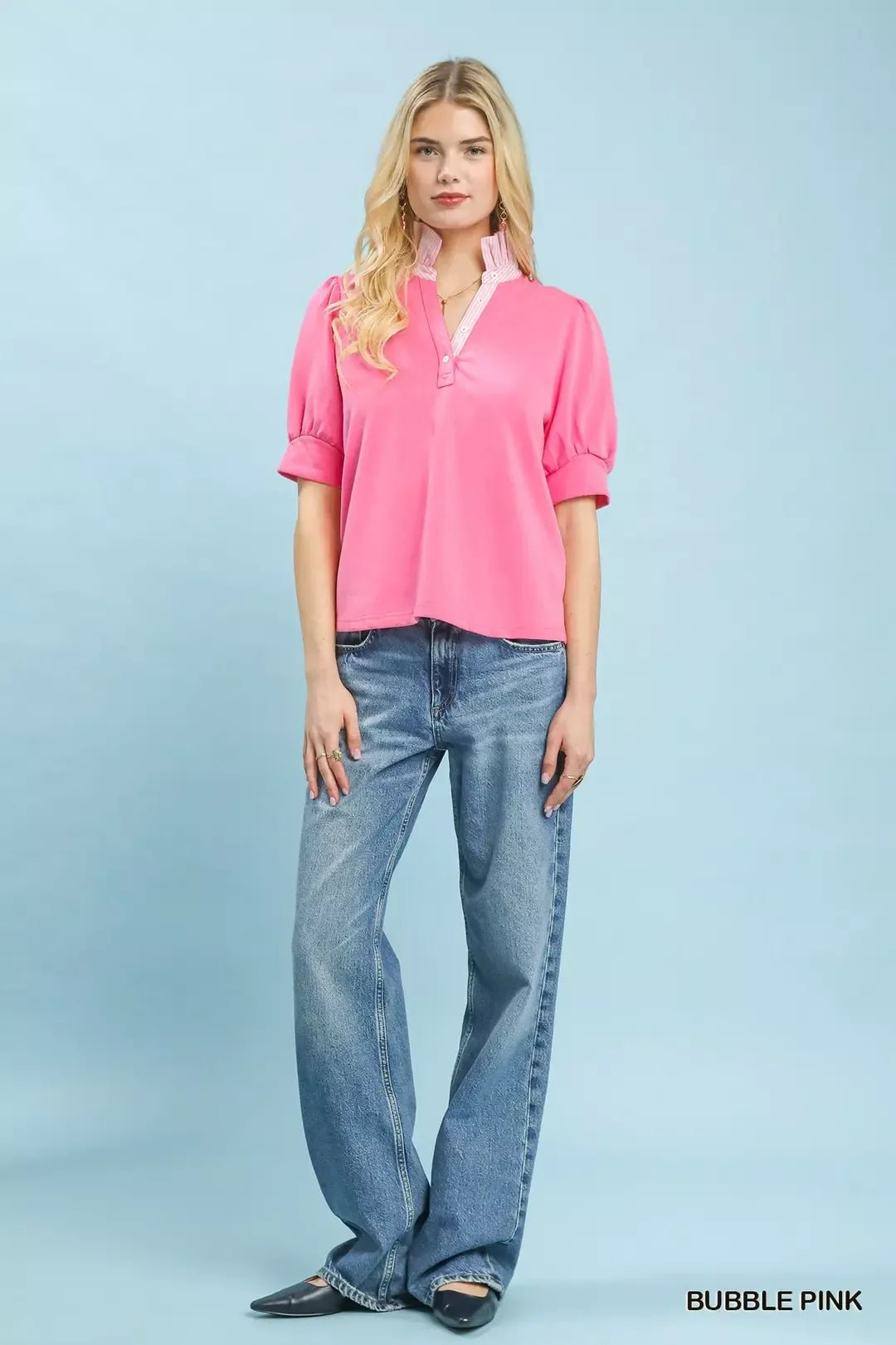 Umgee Striped Collar Popover Top in Bubble Pink - Nikki &amp; Co. Boutique