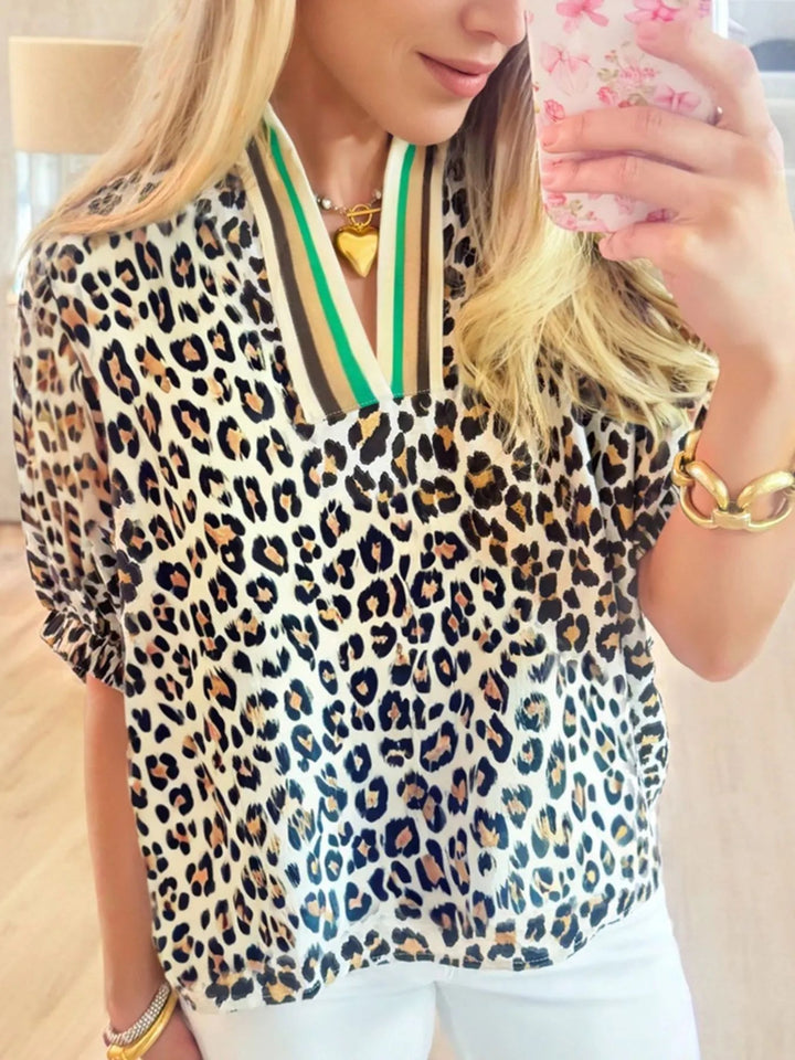 Leopard Print Notched Blouse with Striped Trim - Nikki &amp; Co. Boutique