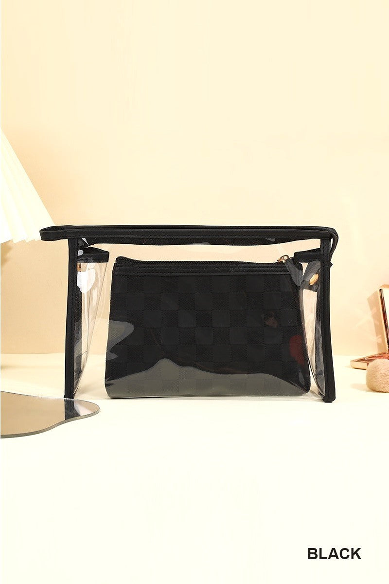 Clear large make up bag with color outline and smaller matching colored second bag