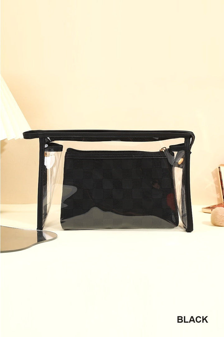 Clear large make up bag with color outline and smaller matching colored second bag