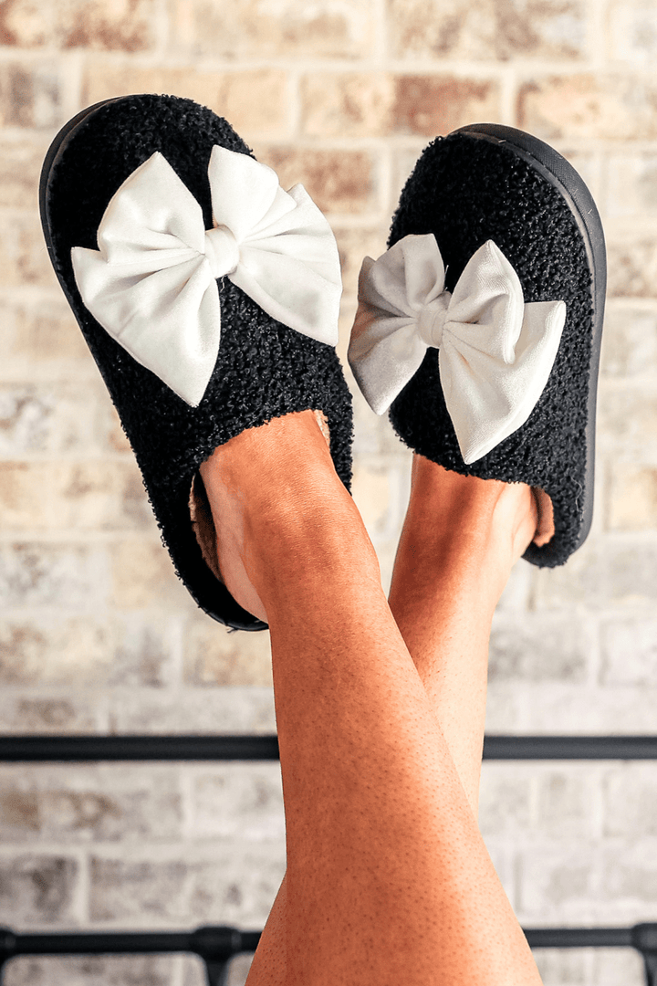 Cozy Bow Slippers- Black/White - Nikki &amp; Co. Boutique