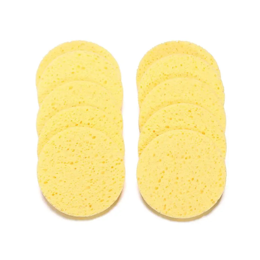 10 pcs 6-9cm Yellow Face Round Makeup Remover Tool, Wood Sponge Cellulose Cosmetic Puff, Cleansing Sponge, Facial Washing Sponge