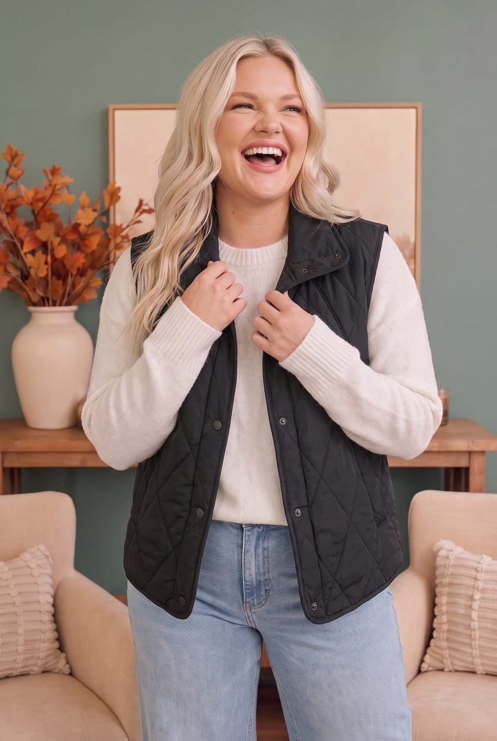 Cozy Days Black Quilted Snap Button Vest