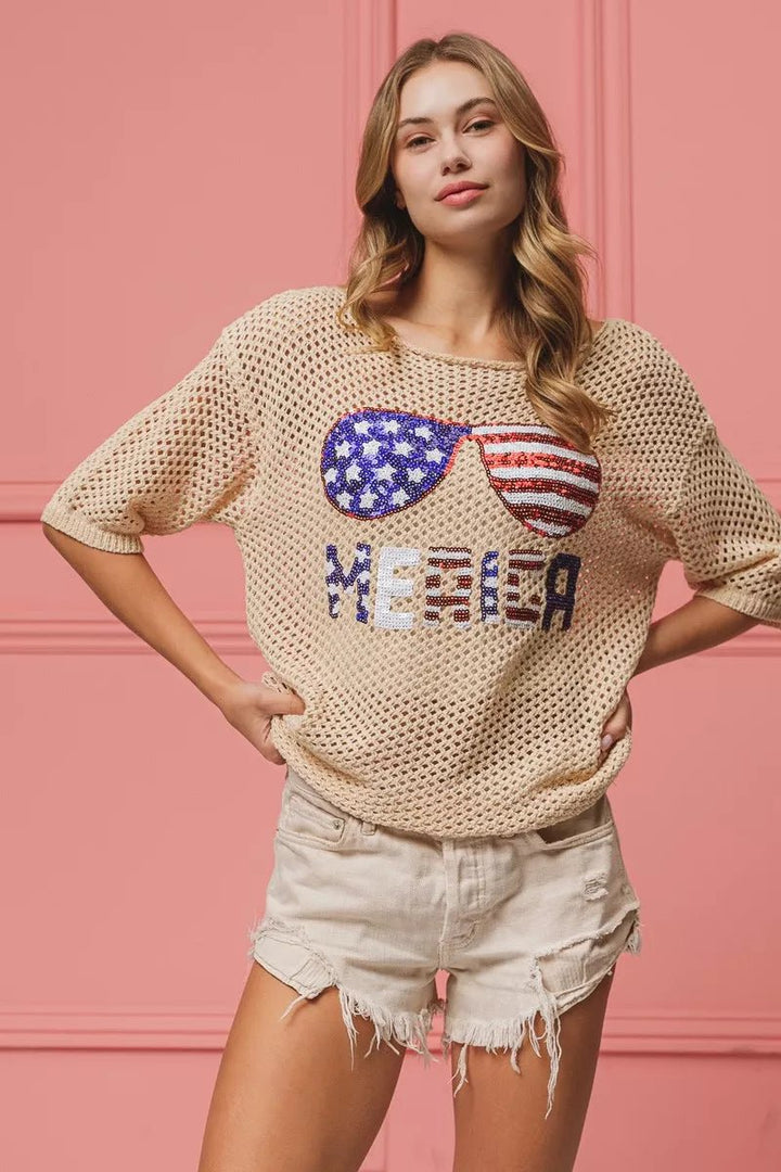 BiBi Sequin American Flag Sunglasses Knit Cover Up | Nikki &amp; Co. Boutique