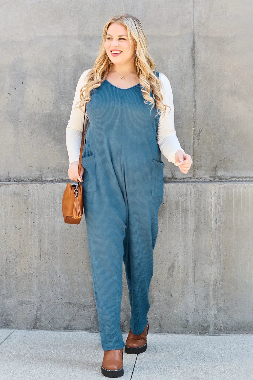 Waffle-Knit Sleeveless V-Neck Jumpsuit with Pockets - Nikki &amp; Co. Boutique