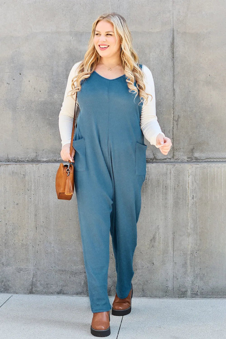 Waffle-Knit Sleeveless V-Neck Jumpsuit with Pockets - Nikki &amp; Co. Boutique