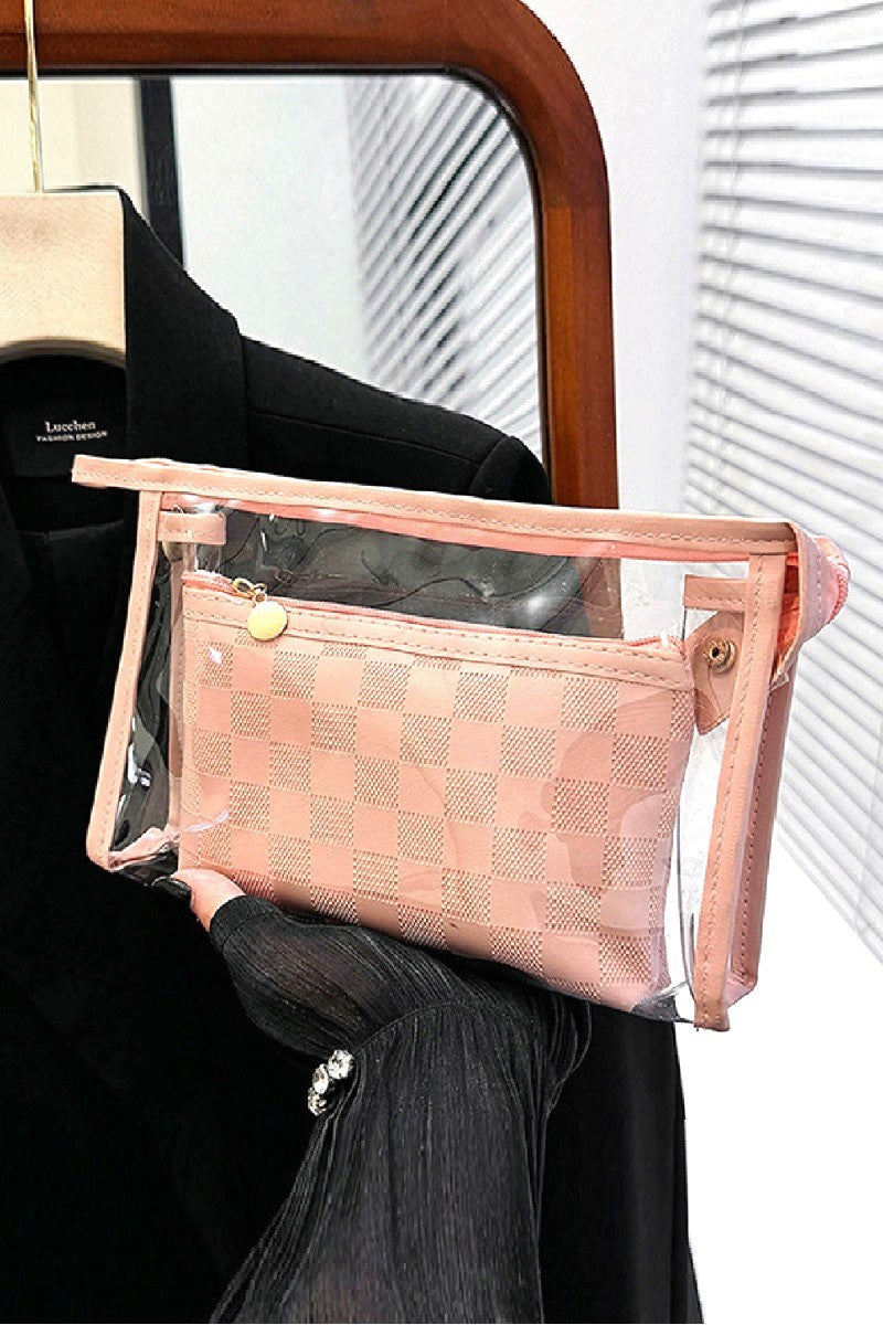 Clear large make up bag with color outline and smaller matching colored second bag
