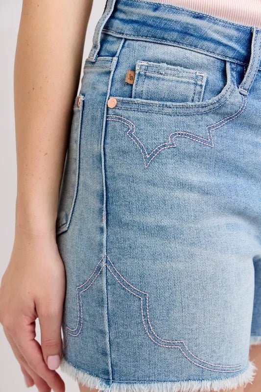 Judy Blue Full Size High Waist Western Embroidery Cut Off Denim Shorts in Light Wash - Nikki &amp; Co. Boutique