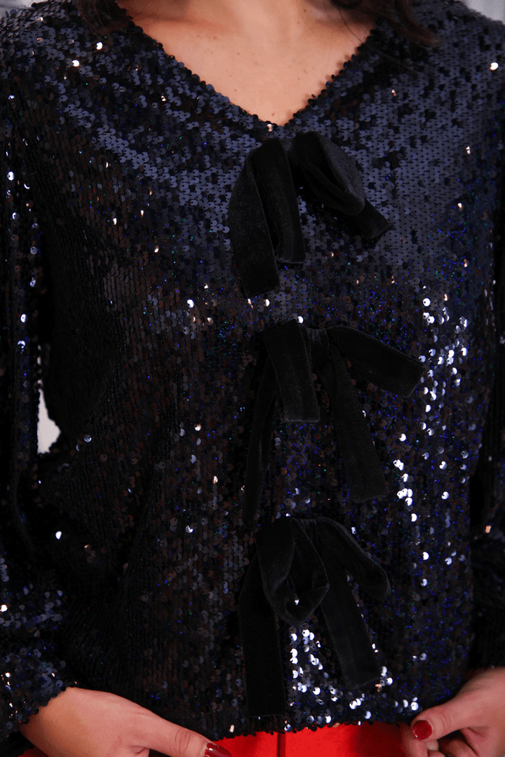 Jess Lea - Betty Bow Top - Black Sequin (Pre-order) - Nikki &amp; Co. Boutique