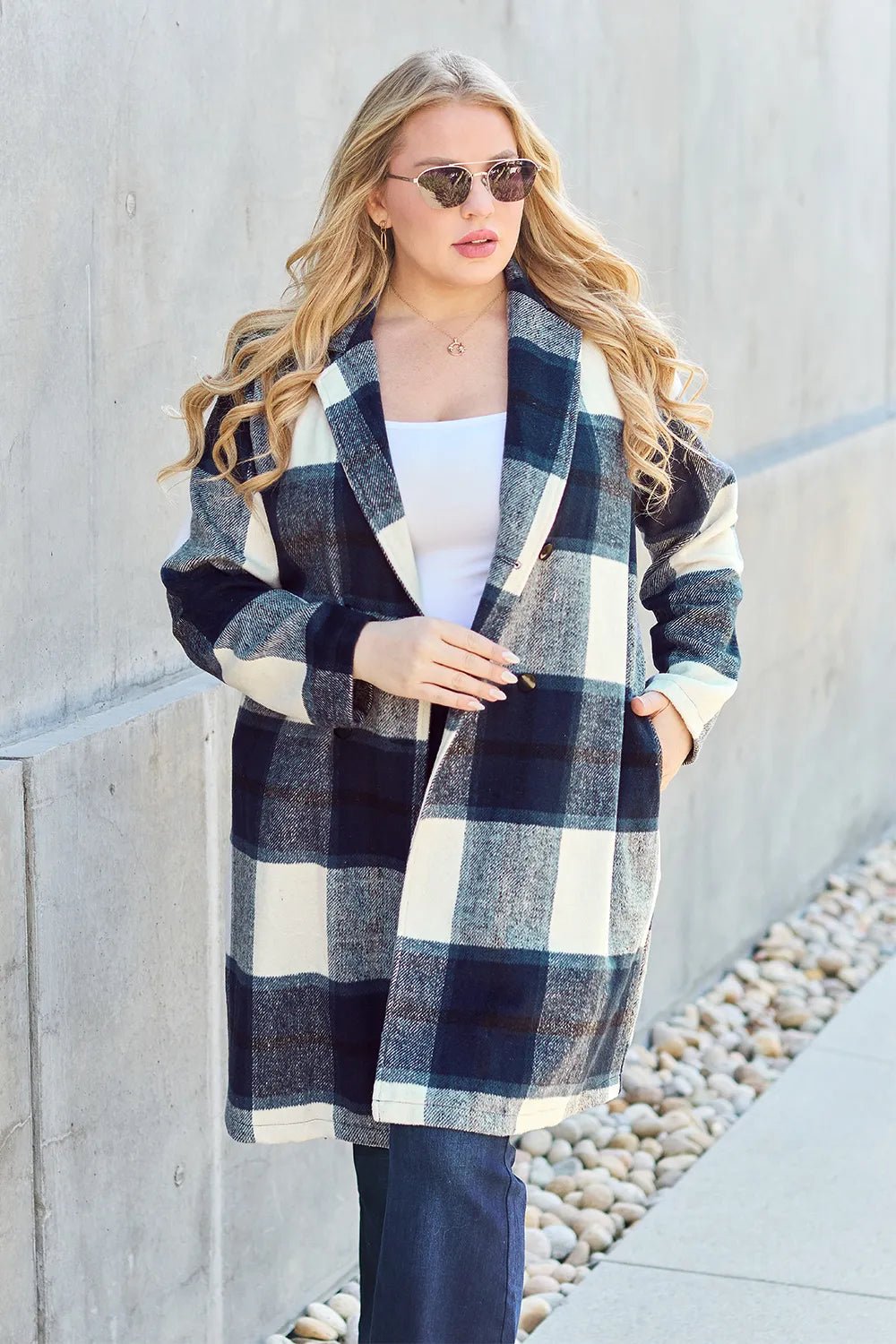 Double Take Full Size Plaid Button Up Lapel Collar Coat - Nikki &amp; Co. Boutique