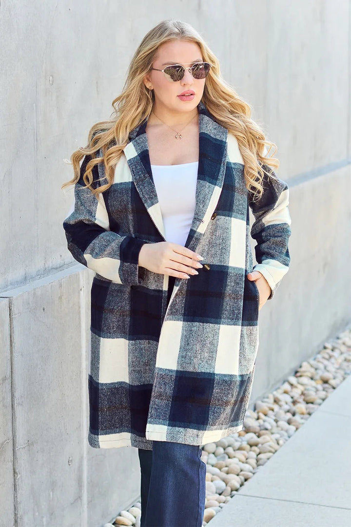 Double Take Full Size Plaid Button Up Lapel Collar Coat - Nikki &amp; Co. Boutique