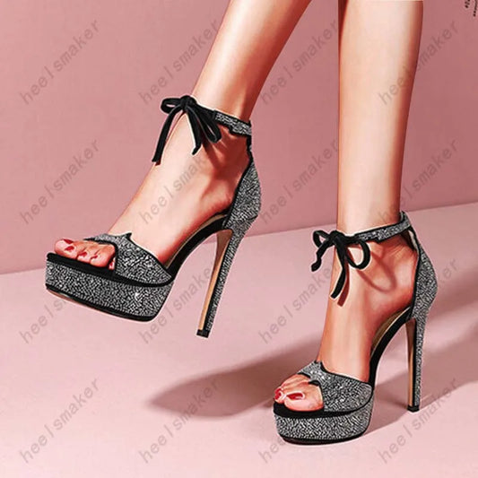 Sukeia Women Summer Sandals Ankle Strap Rhinestone Open Toe Fabulous Black Silver Party Shoes Ladies Plus US Size 3-9