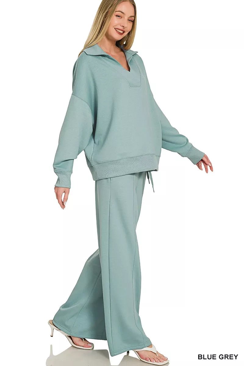 Zenana Scuba Collared Pullover &amp; Center-Seam Pants Set | Blue Grey - Nikki &amp; Co. Boutique