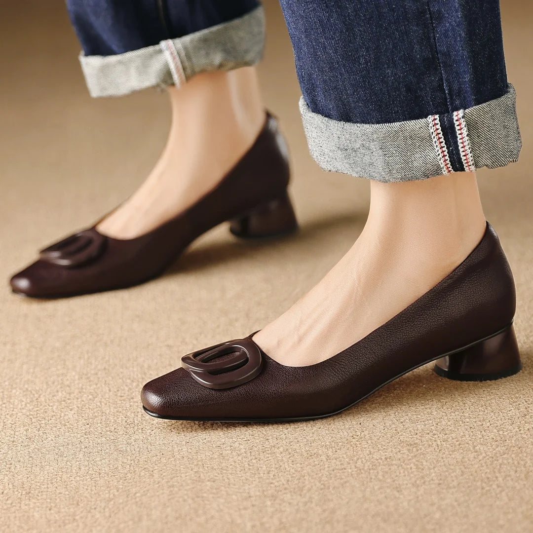 Women's sheepskin square toe metal buckle slip-on pumps elegant ladies 3cm round low heel slim OL style daily dress heeled shoes