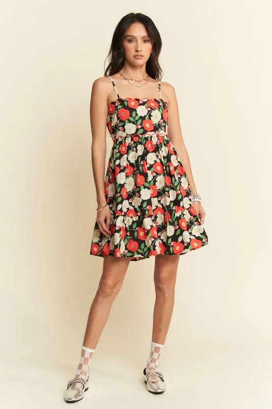 Davi &amp; Dani Floral Scalloped Cutout Back Mini Dress in Black - Nikki &amp; Co. Boutique