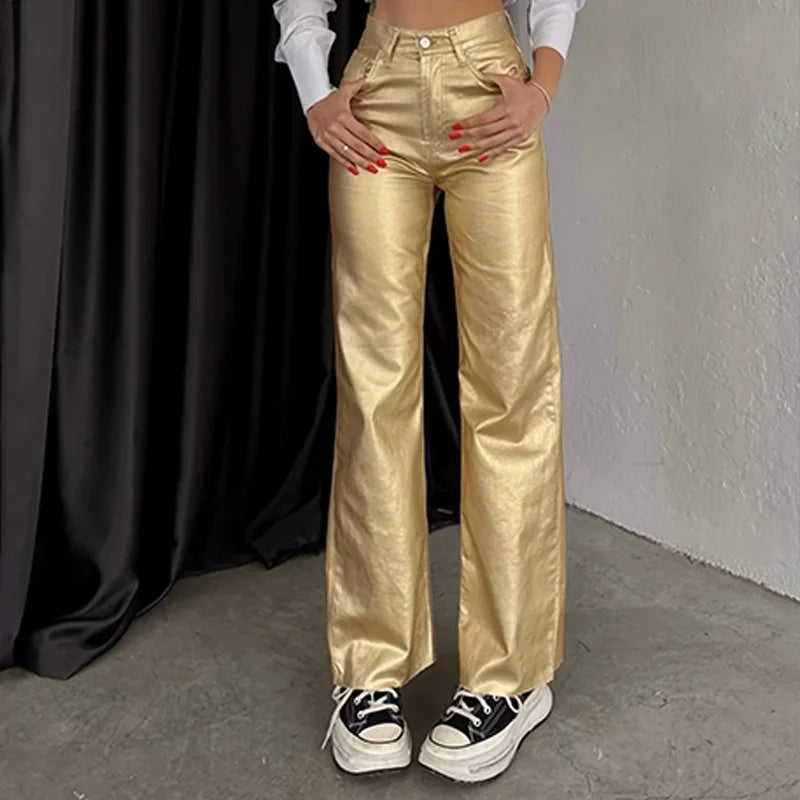 Women's Shiny Metallic Holographic Straight Wide-Leg Long Pants Spring Gold Silver Trousers Clubwear with Pockets